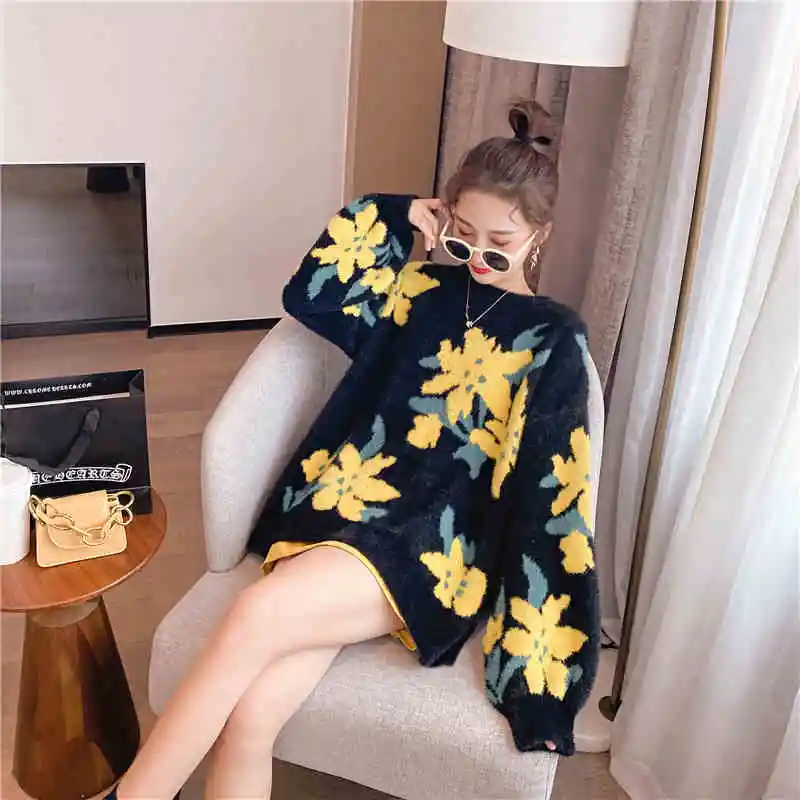 

Свитер Женский свободного покроя с цветочным принтом, пуловер, утепленная куртка, свитер