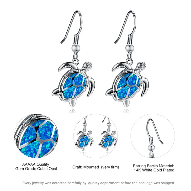 

Boho Female Blue Opal Drop Earrings Luxury Silver Color Long Dangle Earrings Big Sea Turtle Wedding Earrings For Women