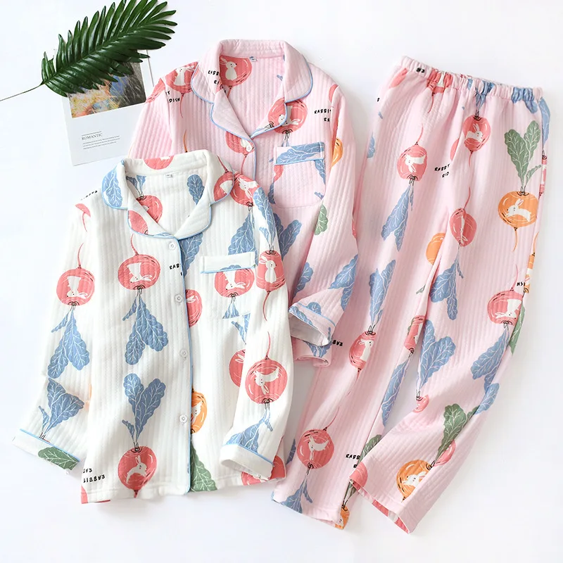 Full Cotton Pajamas Set Kimono Causal Pure Woman Long Sleeve Layers Cartoon Print Spring Thickening Homewear Suit Yukata | Тематическая