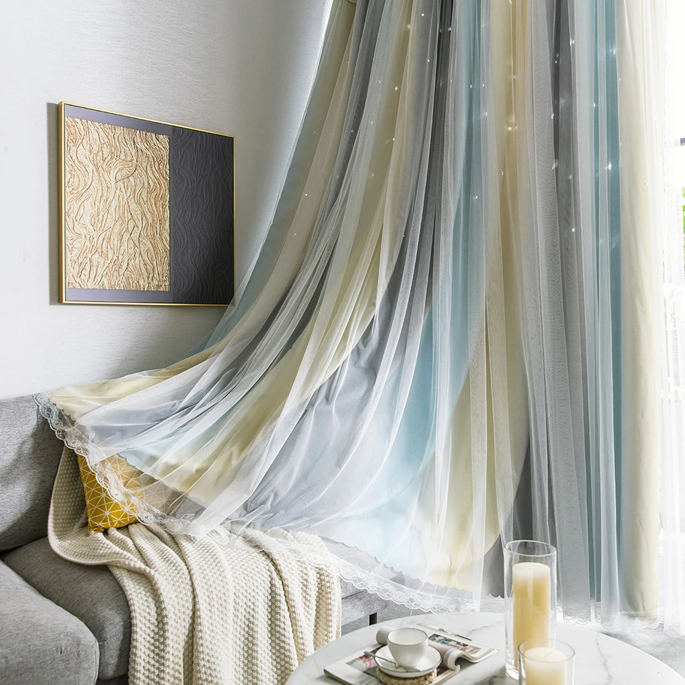 

Modern Gradient Color Blackout Curtains Girls Bedroom Colorful Double Layer Hollow Star Window Curtain Home Decoration