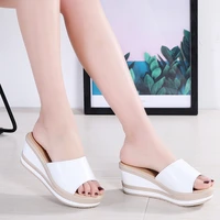 summer women leather slippers open toe flip flops sandals women wedges slippers black white slides shoes