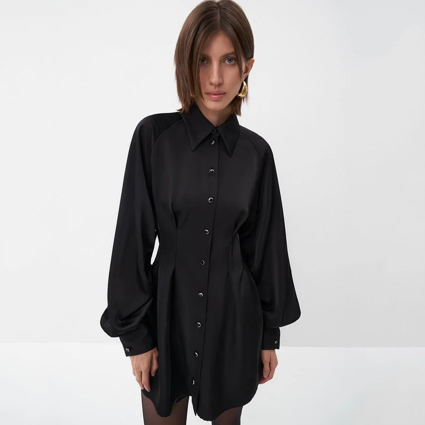 

Женская рубашка-юбка на раннюю осень 2021, элегантное приталенное атласное платье с бантом на талии и лацканами для женщин