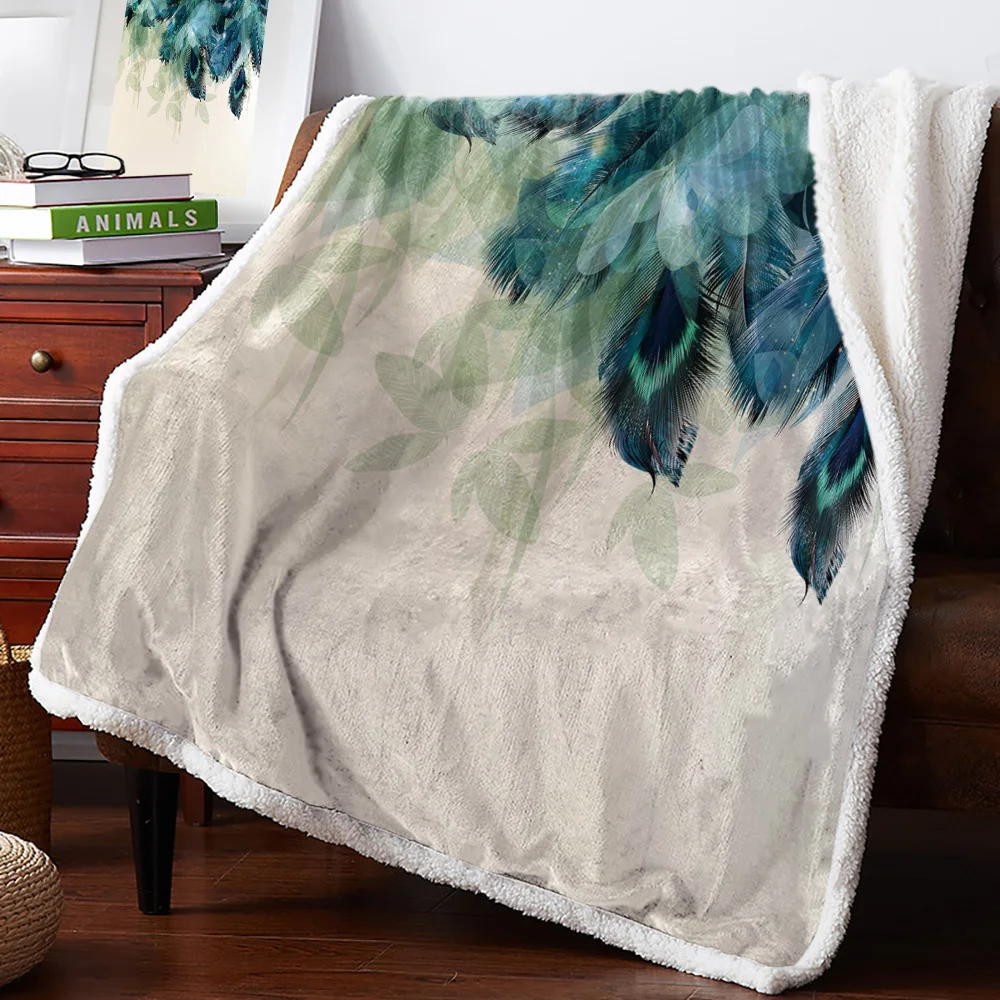 Бархатное одеяло с перьями павлин темно синее зеленое покрывало флисовое