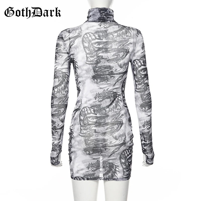Goth Dark Dragon Print Gothic Punk Female Dresses Harajuku Longsleeve Autumn Grunge Mesh Women's Dress Aesthetic Fashion