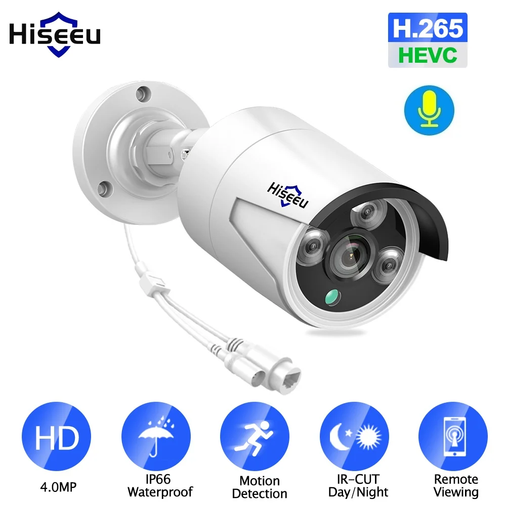 Hiseeu 4MP POE ip-камера наружная Водонепроницаемая H.265 CCTV пуля камера ночного видения P2P Обнаружение движения ONVIF для PoE NVR 48 В