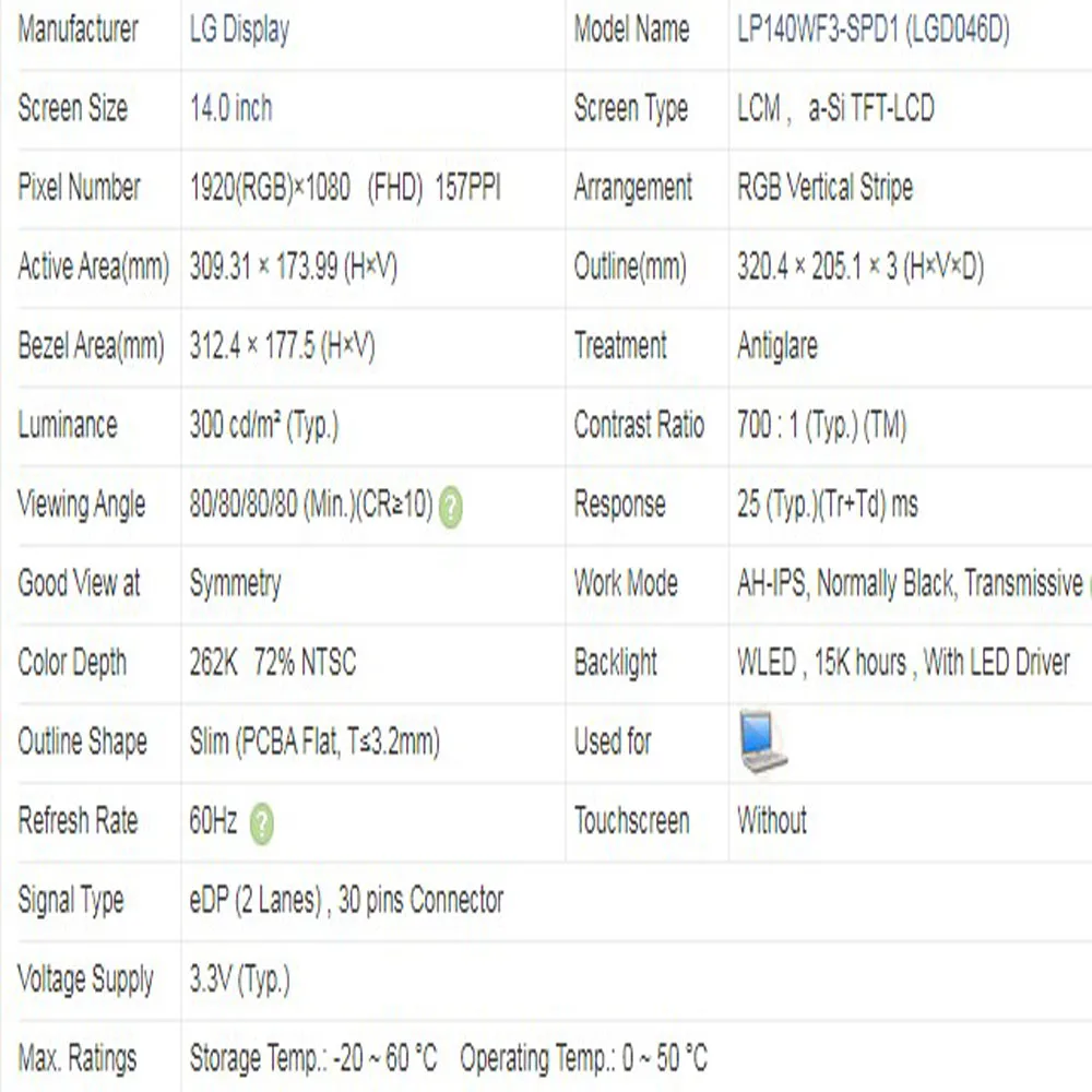 LP140WF3-SPD1 - ЖК-экран Slim размером 14.0 дюйма с IPS-матрицей FHD 1920X1080, 30-контактным интерфейсом EDP, яркостью 300 кд/м², NTSC 72% и частотой обновления 60 Гц.