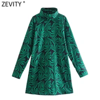 zevity women vintage turtleneck collar irregular geometric print casual straight mini dress female chic zipper vestidos ds8943