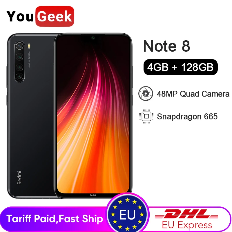 Xiaomi Redmi Note 8 с глобальной версией, 4 Гб, 128 ГБ, Note8, смартфон, 48 МП, четырехъядерный процессор Snapdragon 665, четыре ядра, экран 6,3 дюйма, 4000 мАч