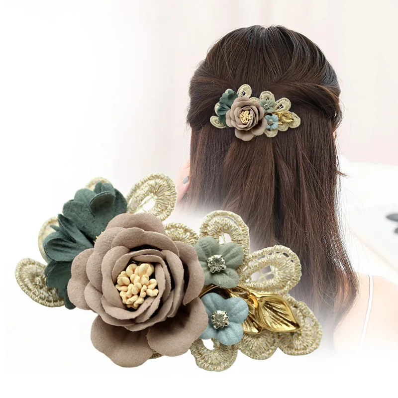 Винтажные кружевные тканевые заколки для волос с цветами листьями девочек