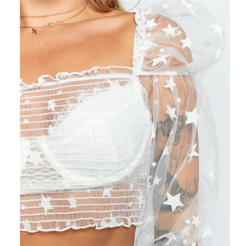

2019 Freeship Women Mesh Sheer Crop Tops Cover-Ups Summer Star Dot Print Puff Sleeve Lace Blouse See-through Women Cover-Ups