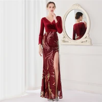 wine red sequined flannel v neck long sleeve side split hot sexy party dress mermaid elegant special occasion dresses for women