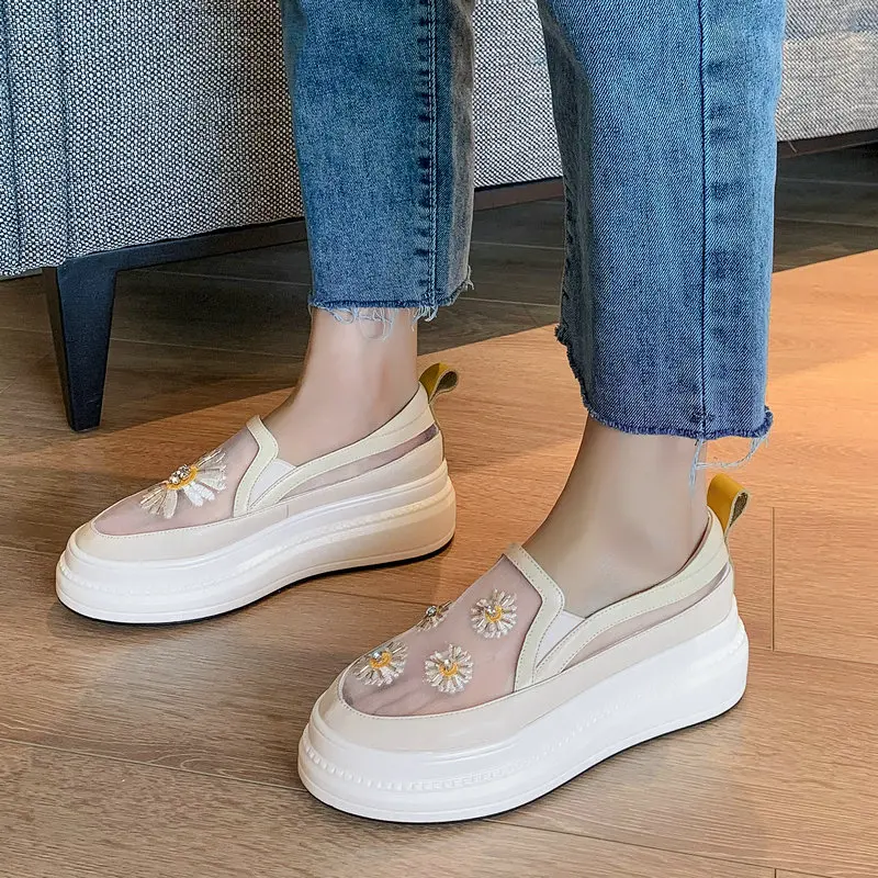 

Sweet Women Autumn Slip-on Solid Round Toe Pumps Genuine Leather Platform Heels Shoes Woman Brand Casual Office Shoes