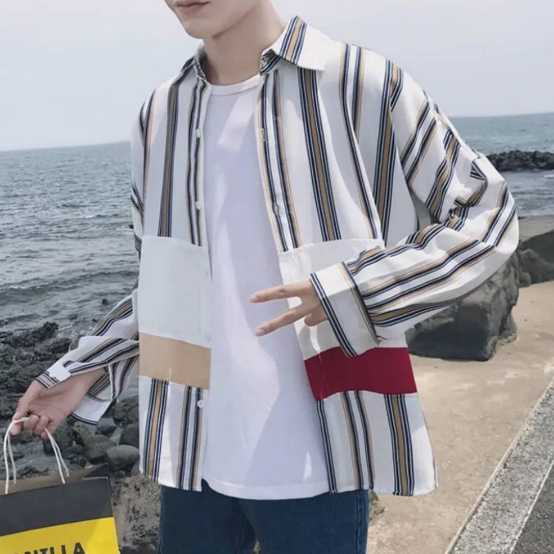 

Men Shirts Large Size Loose Harajku Korean Plaid Mens Simple All-match Clothing Stitching Tops Male Outwear Ulzzang New Chic Ins