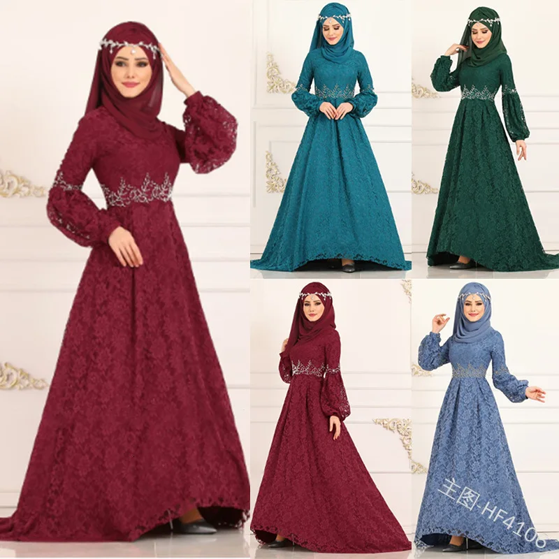 Элегантная мусульманская кружевная Абая Макси-платье с высокой талией платья