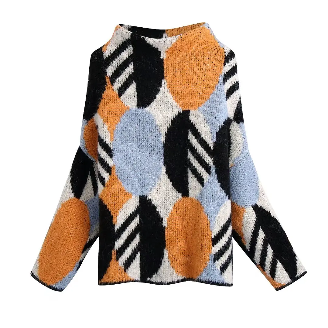 

Koekop Women Fashion Jacquard Knit Sweater with High Neckline Long Sleeves Chic lady Casual Knitted Pullover Top Woman