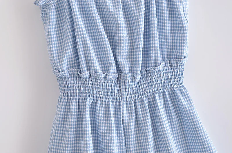 Летний женский клетчатый комбинезон с деревянными ушками |