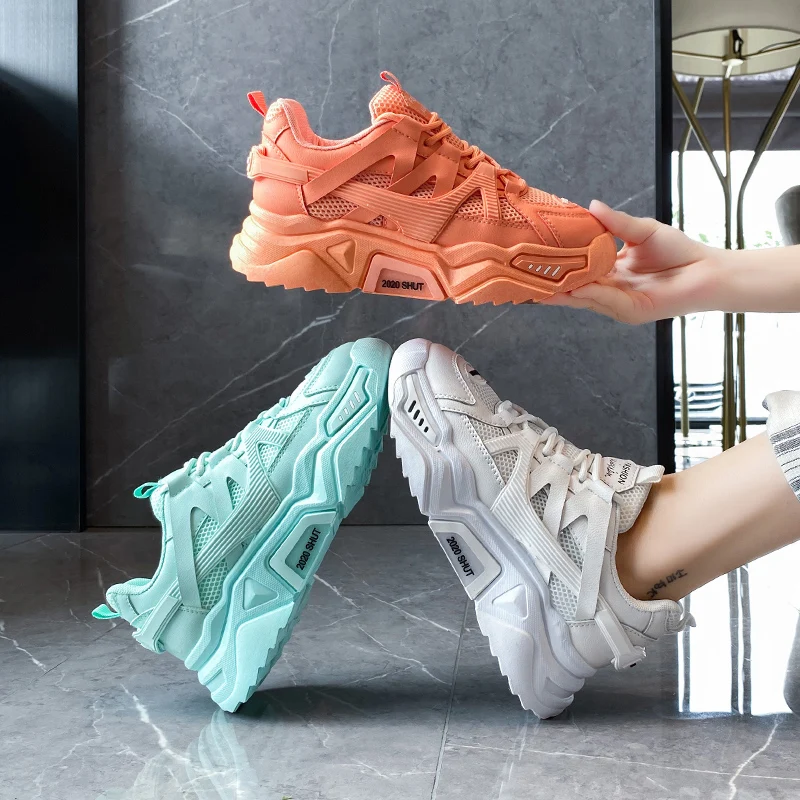 

2021 New Designer Sneakers Women Platform Casual Shoes Fashion Sneakers Platform Basket Femme Yellow Lace-Up Casual Chunky Shoes