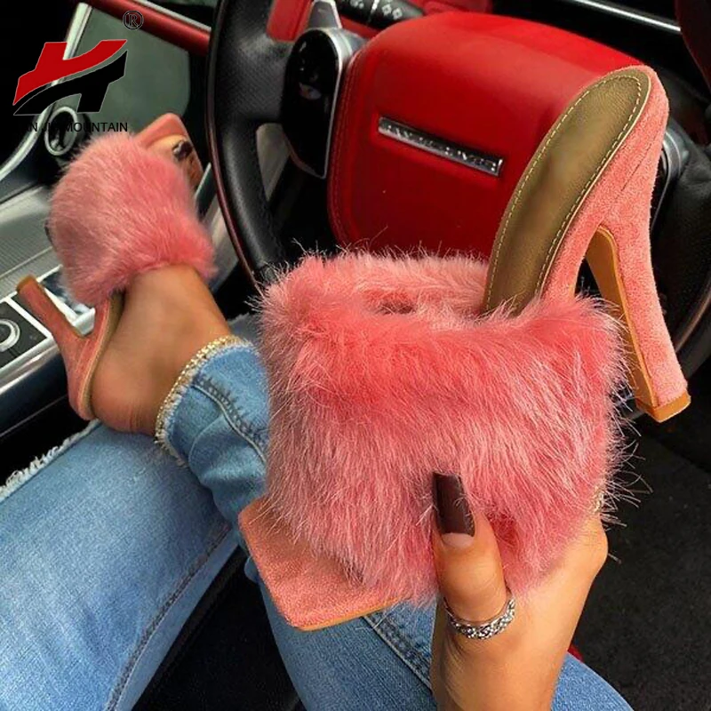 

На открытом воздухе плюшевые шлепанцы яркого цвета женская повседневная обувь тапочки с мехом 2021 с открытым носом; Однотонные босоножки на ...