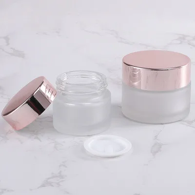 Luxury cosmetic container 1oz 2oz 10g 15g 20g 30g 50g 100g empty clear matte frosted glass cream jar with rose gold lid