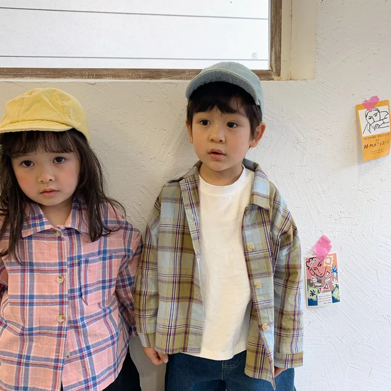 2020 Весенняя детская Клетчатая блуза в Корейском стиле для мальчиков и девочек