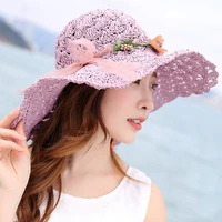 korea style summer hats for women flower garland wide brim beach cap hat packable crochet floppy sun hat ladies straw hat