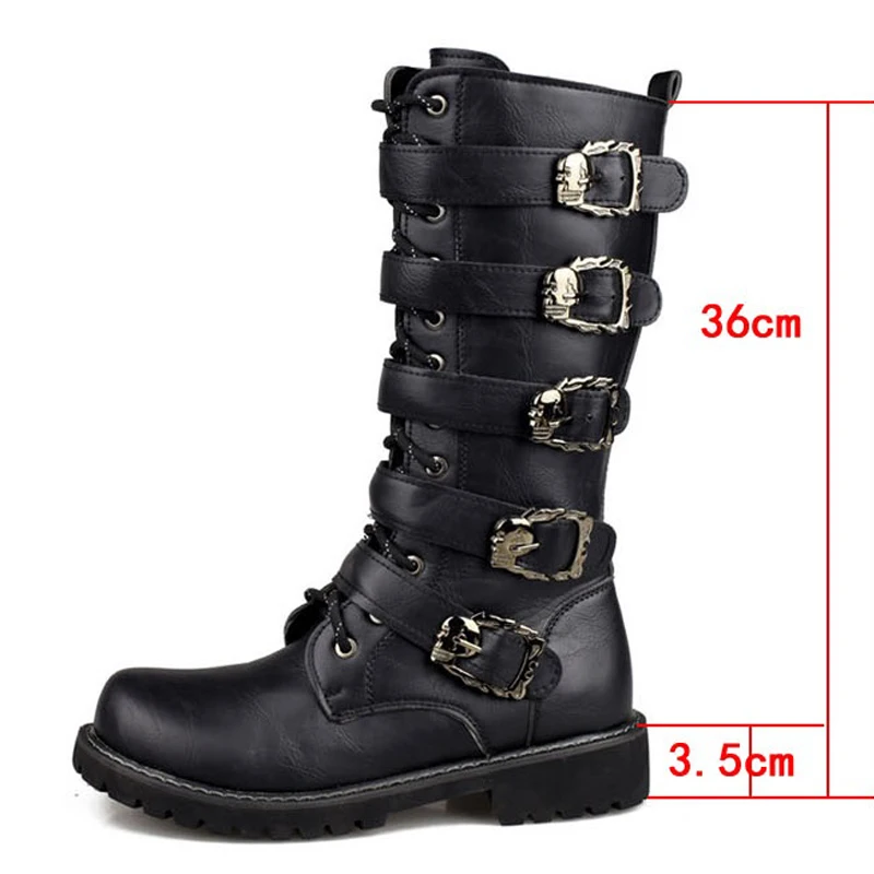 

Men's Leather Motorcycle Boots Mid-Calf Military Combat Boots Gothic Belt Skull Punk Boots Men Shoes Tactical Army Boots Warm46