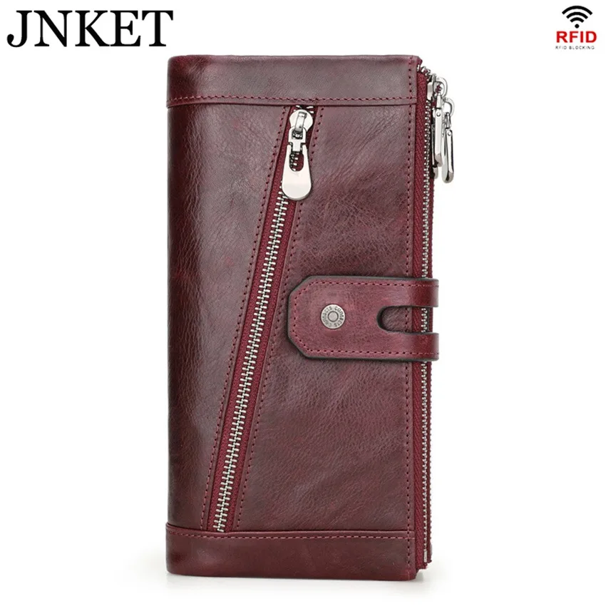 JNKET New Retro RFID Blocking Wallet Women's Cowhide Wallet Three Folded Clutch Wallet Zipper Long Wallet Card Holder Wallet