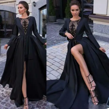 

Sexy A-Line Formal Evening Dress With Sheer Neckline Slit Cheap Prom Dresses Floor Length Sweep Train Stain robe de soiree