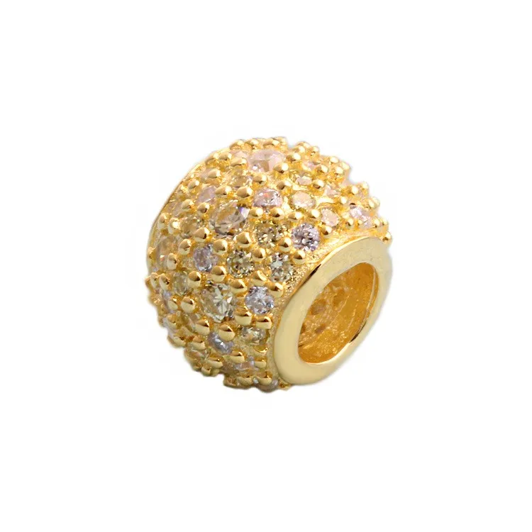 

Original 925 Sterling Silver Bead Gold Round With Crystal Beads Fit Pandora Women Bracelet & Necklace Diy Jewelry