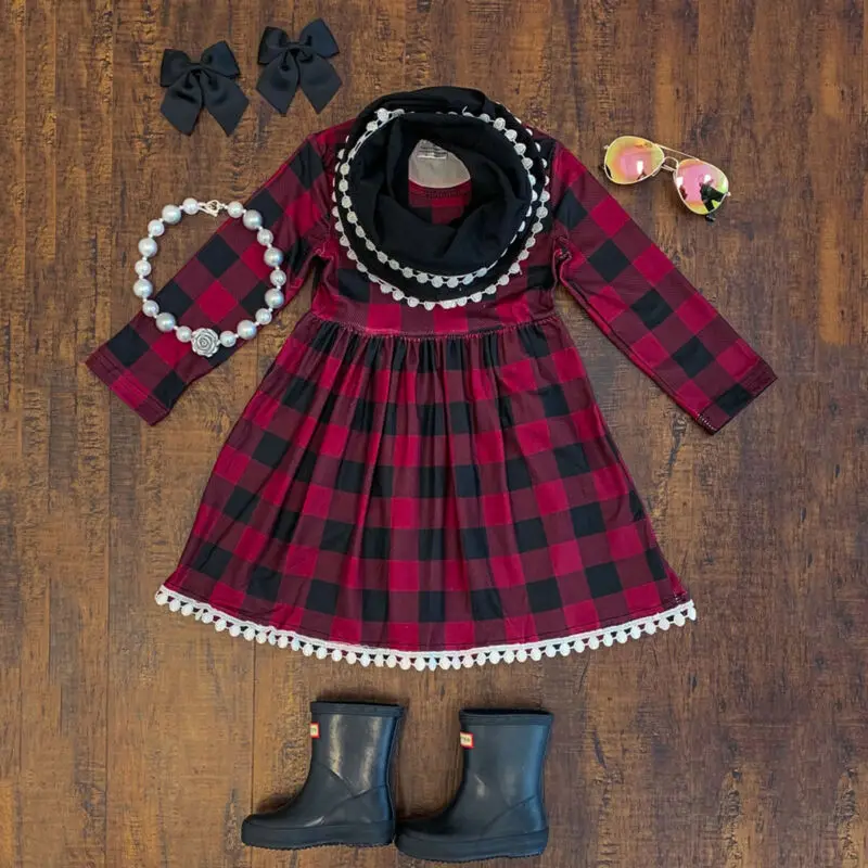Xmas Dress Long Sleeve Plaids Kids Toddler Baby Girl Christmas Red Party Tutu Outfits + Scarf | Детская одежда и обувь