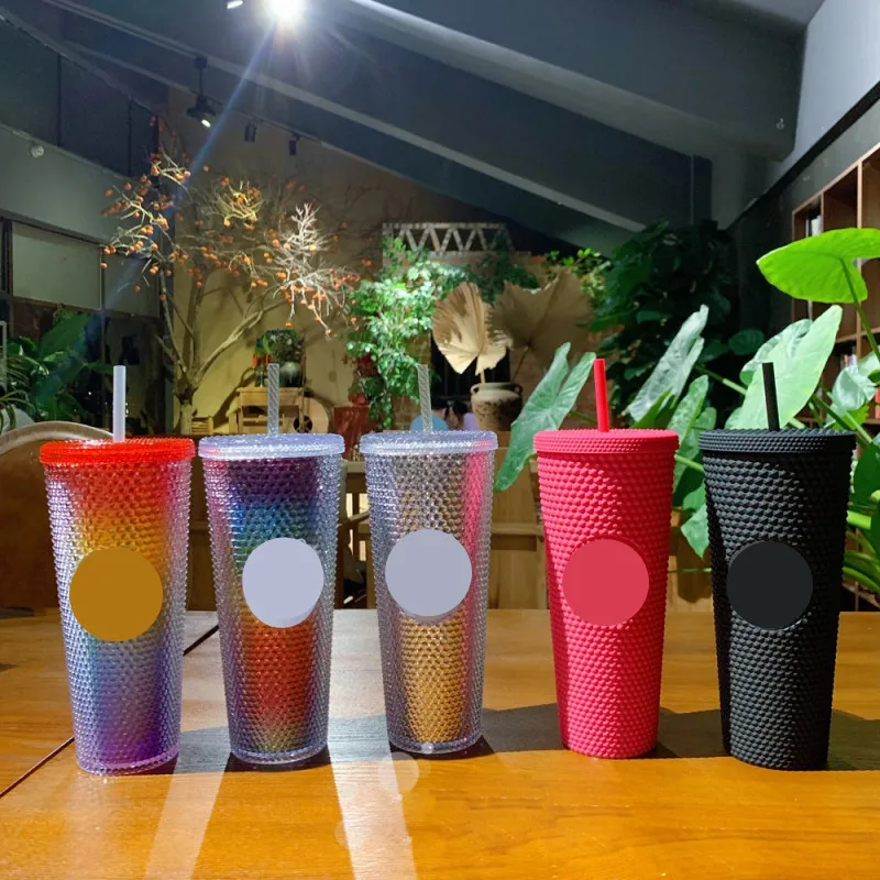 710ml Coffee Cup Cold Water Mug Tumbler with Logo Double Layer Transparent Plastic Creative Straw | Дом и сад