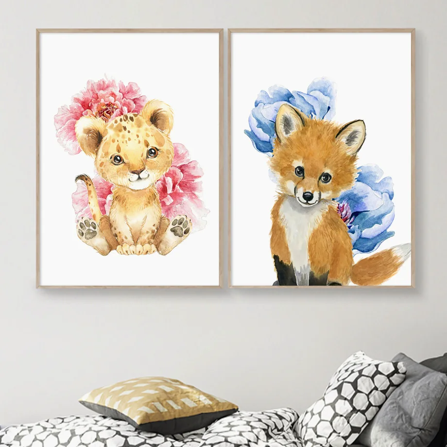 

Kawaii Room Decor Flowers Animals Nordic Poster Cartoon Wall Art Canvas Painting Wall Pictures For Living Room Home Unframed