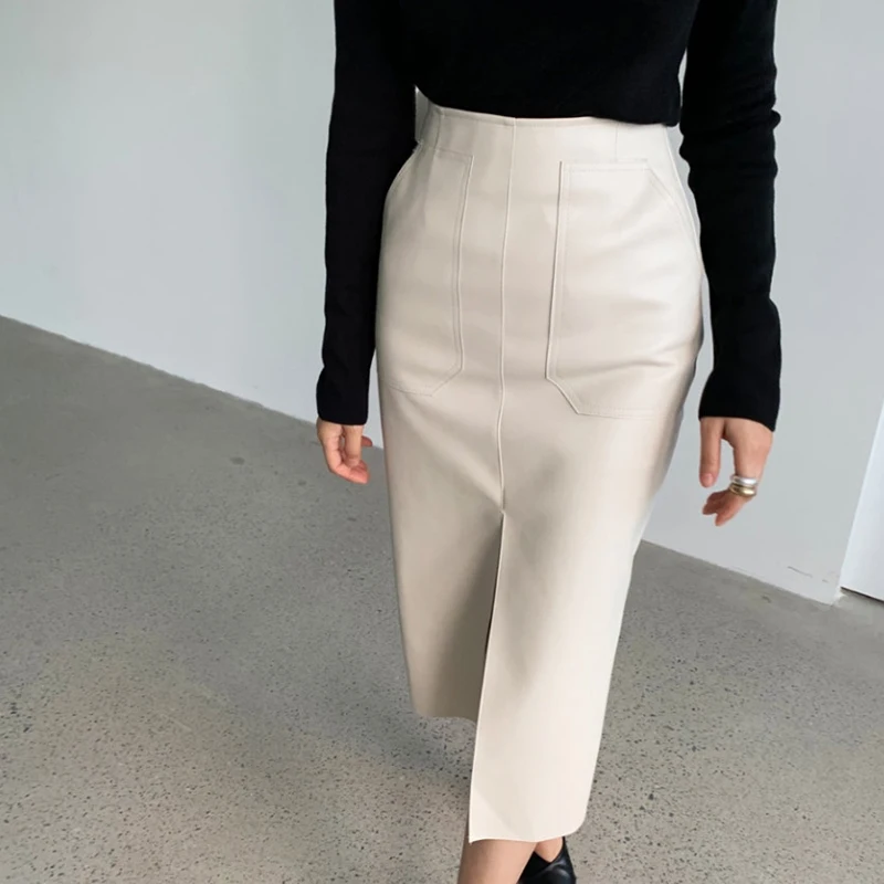 Элегантная юбка карандаш из искусственной кожи с высокой талией и мехом женские