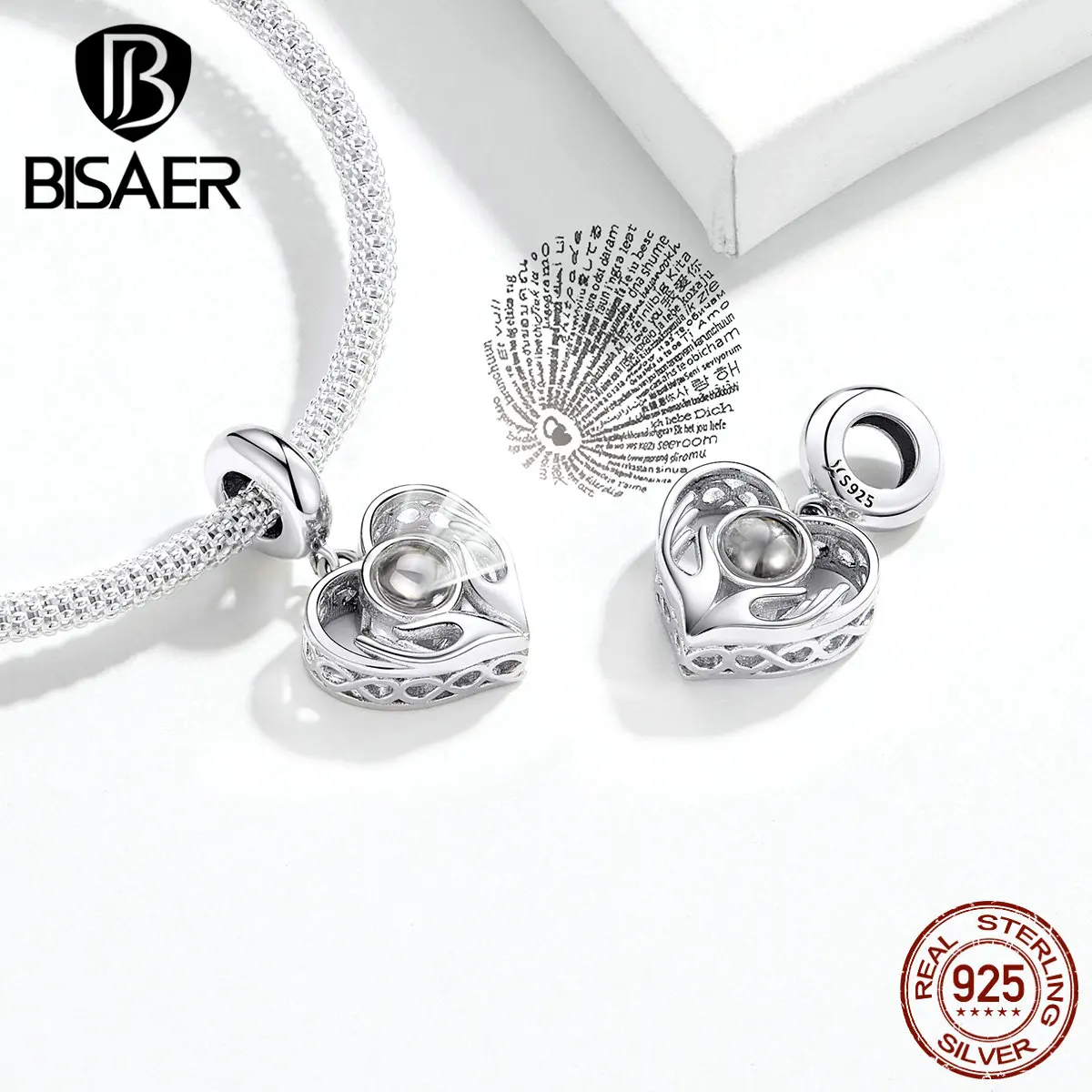 

BISAER 100% 925 Sterling Silver Love Language Glass Charm Pendants fit Women Charm Bracelets & Necklaces DIY Jewelry HSC1307