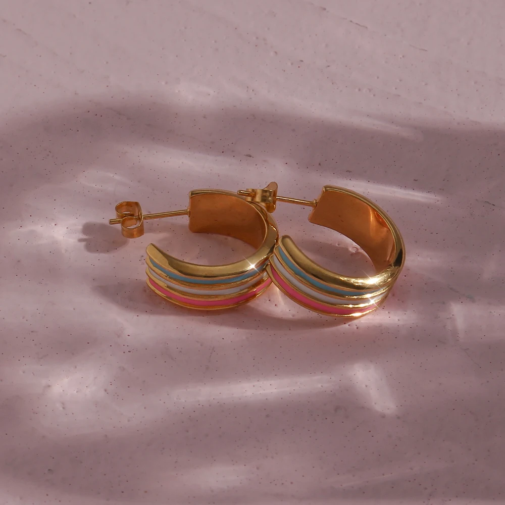 

2021 Summer Colorful Enamel Stripe Texture Small Hoop Earrings For Women Hypoallergenic Girl's Trendy Gold Chunky Hoop Earrings