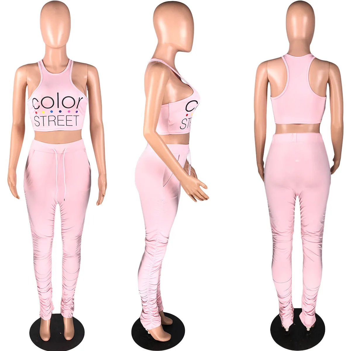

Solid Color Letter Print Crop Tops & Stacked Leggings Summer Women Suit Hot Style Model European and American 2 Piece Set