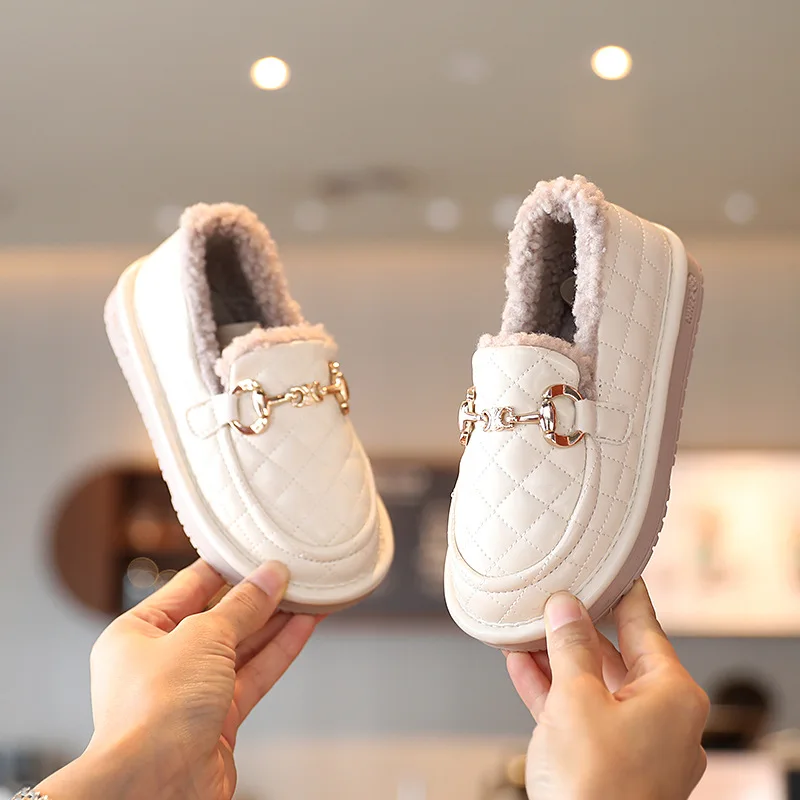 Zapatos de piel de invierno para ni&ntilde;os, mocasines de terciopelo para ni&ntilde;as peque&ntilde;as, c&aacute;lidos, planos, de marca, mocasines de princesa con hebilla-3