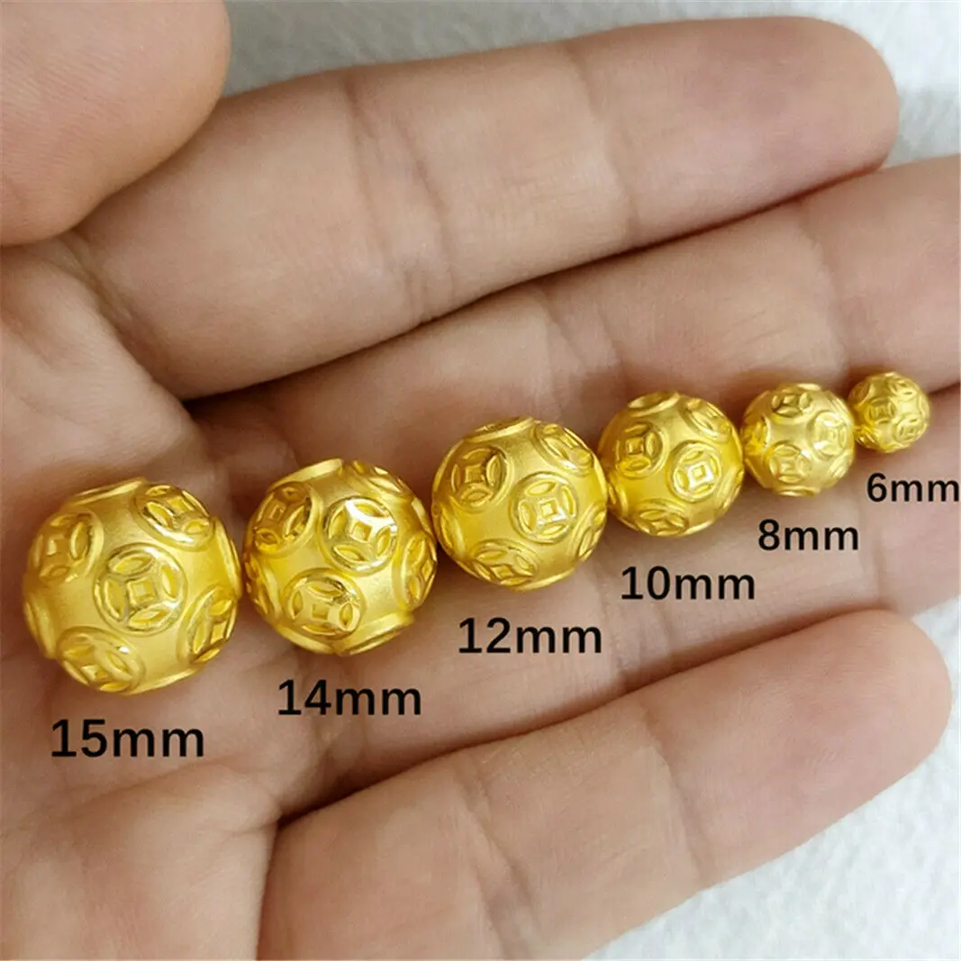 1 adet saf 24K 999 sarı altın kolye 3D korusun para para bilyalı boncuk DIY bilezik yapmak için 8mm/10mm/12mm/16mm