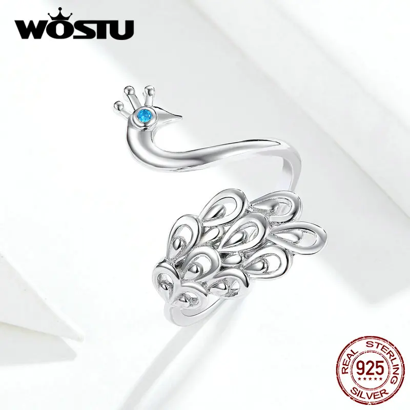 WOSTU, кольца для открытия павлина, 925 пробы, серебро, для женщин, регулируемые кольца, свадебные, настоящие, роскошные ювелирные изделия FIR592