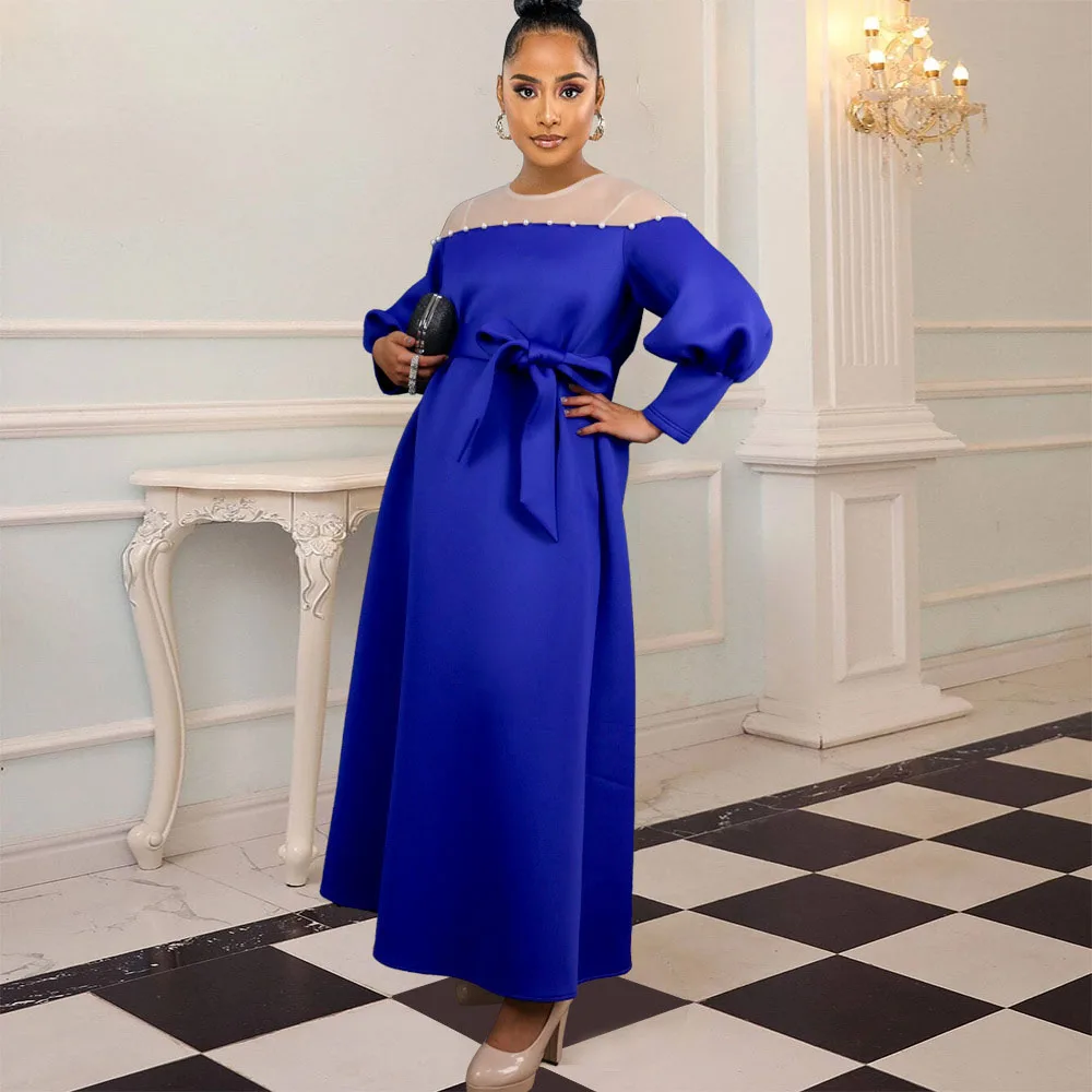 

Женское платье с рукавами-фонариками, повседневное голубое платье из сетчатой пряжи с круглым вырезом и бусинами в африканском стиле, осень...