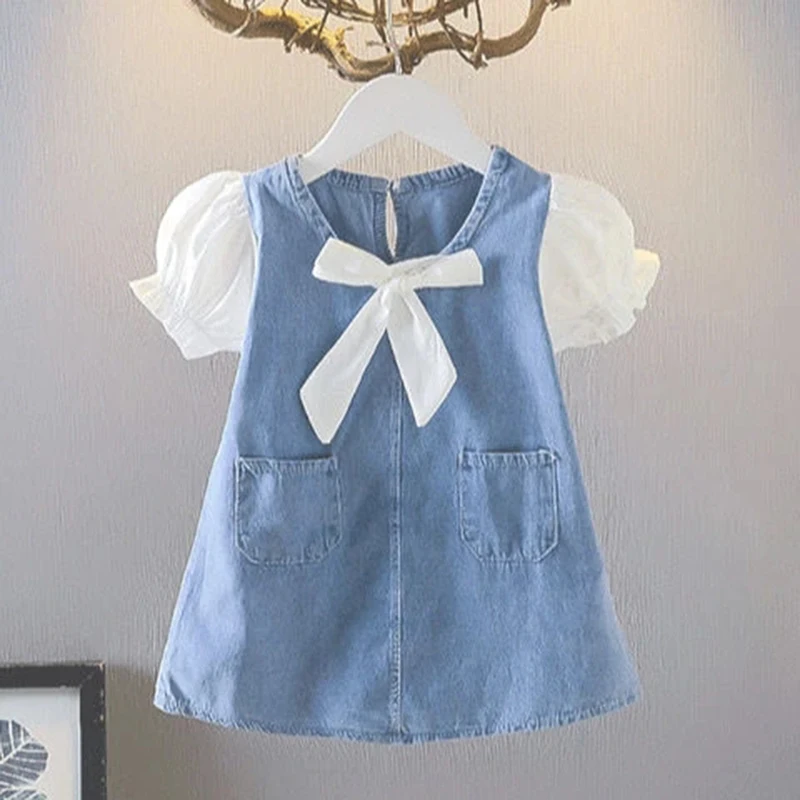 

2021 Girls Jeans Casual Princess Dress Denim Patchwork White Puff Sleeve Summer Dresses Bowknot Pocket Kids Outfit Clothing 1-8t