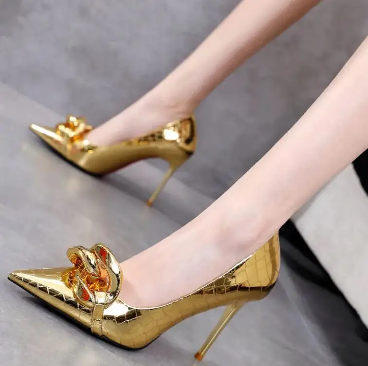 

New Sexy Pointed Stiletto Single Shoes Women's Shallow Mouth High Heels Pumps Chain Patent Leather High Heels Shoes Dress Shoes