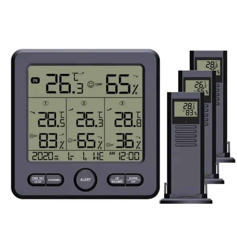 

Wireless Weather Station Digital Temperature Humidity Sensor Indoor Outdoor LCD Thermometer Hygrometer With 3pcs Remote Sensors