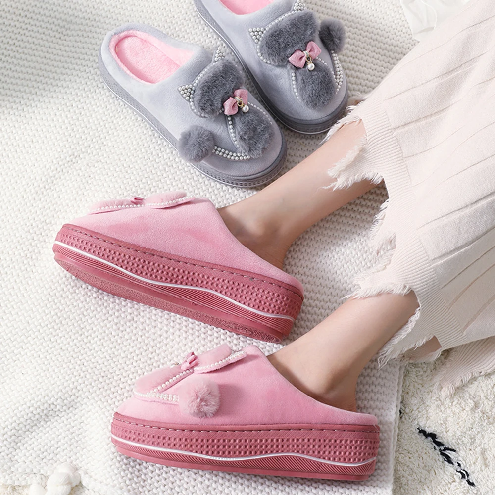 Женские домашние тапочки с милым котом меховые Женская хлопковая обувь на