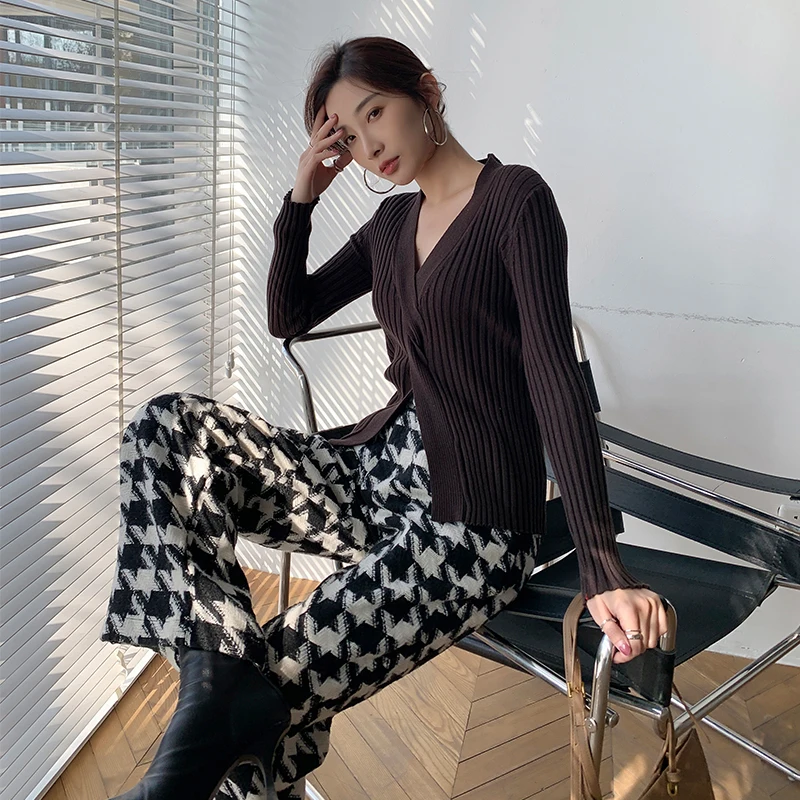 

Black High Waist Long Wide Leg Plaid Tweed Woolen Trousers New Loose Fit Pants Women Fashion Autumn Winter 2021 1DD2177
