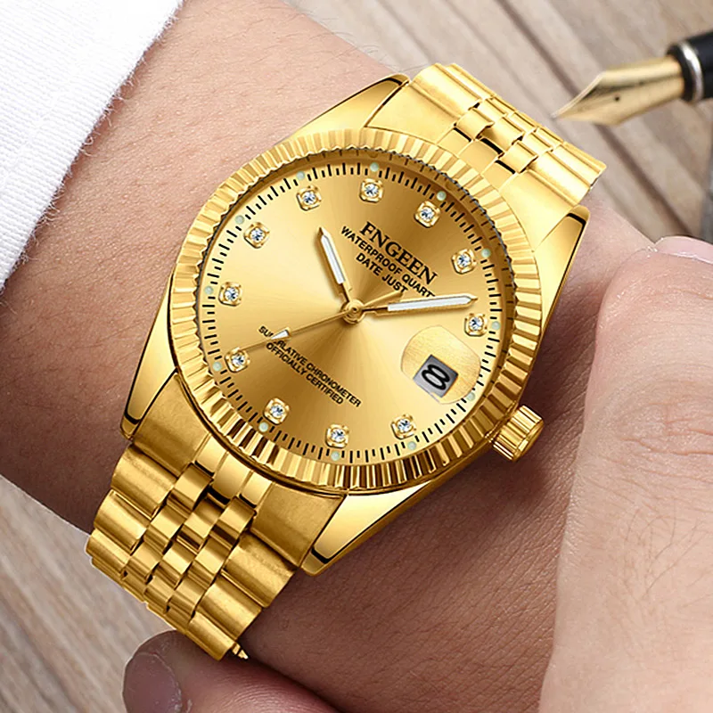 FNGEEN Watch Men Fashion Business Rhinestone Male Clock Men's Quartz Gold Watches Top Brand Luxury Waterproof Date Wrist Watch