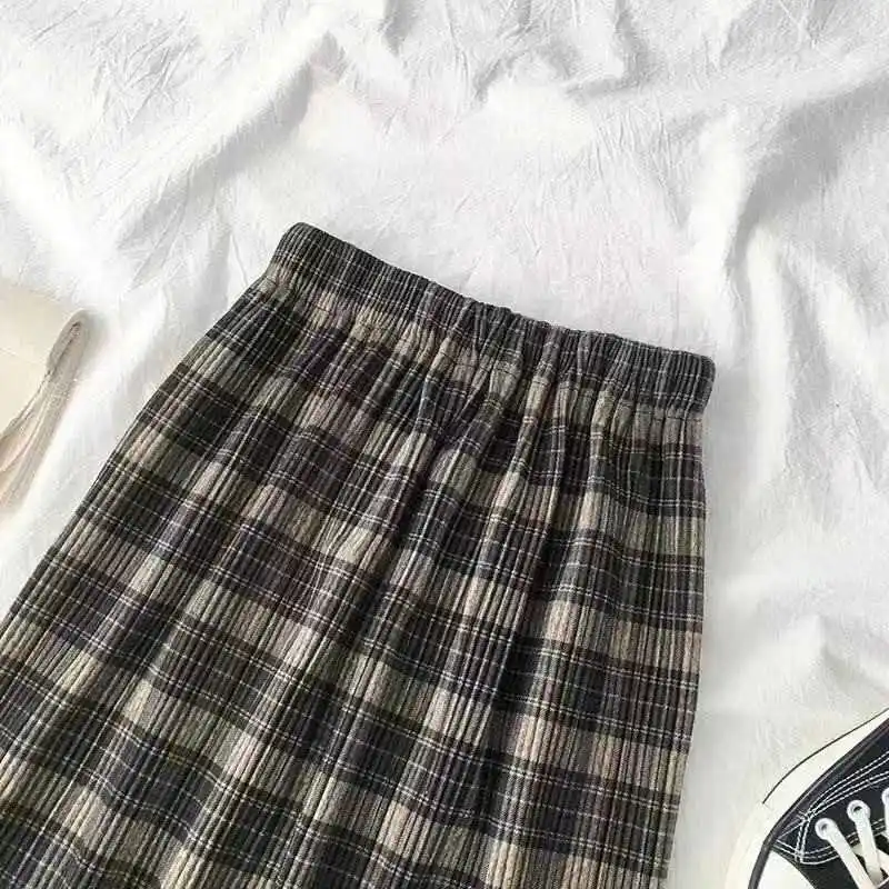 

Vintage Wool Pleated Plaid Skirt Women High Waist Plus Size Long Skirt 2021 Autumn Winter Harajuku Female Party Skirt Streetwear
