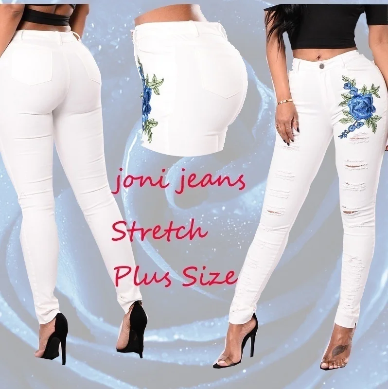 Женские рваные джинсы с цветочной нашивкой штаны стрейч высокой талией