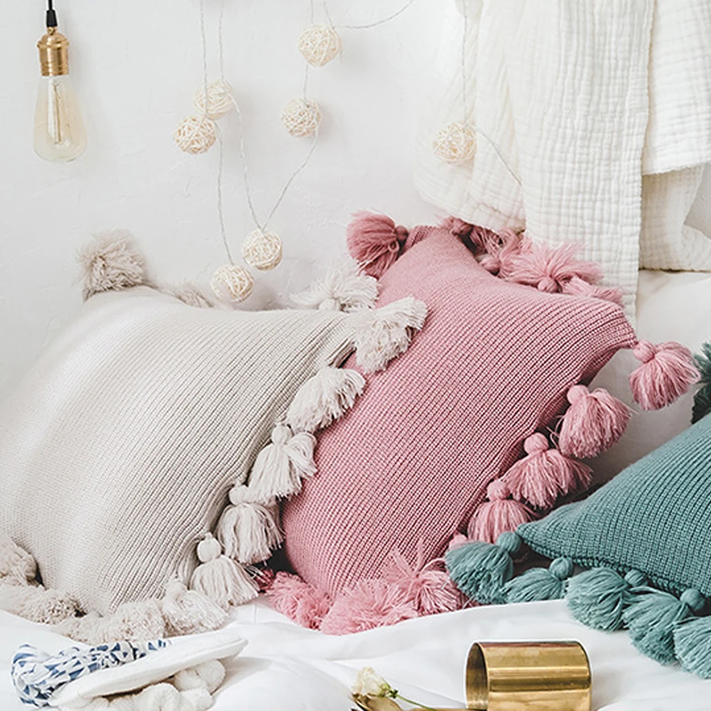 Наволочка из трикотажа с бахромой, однотонная бежевая/серая/розовая/зеленая, мягкая для дивана/кровати/детской комнаты, декоративная.