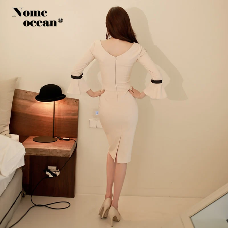 Лента пояс с бантом высокая Талия Bodycon платье широкие манжеты три четверти рукав